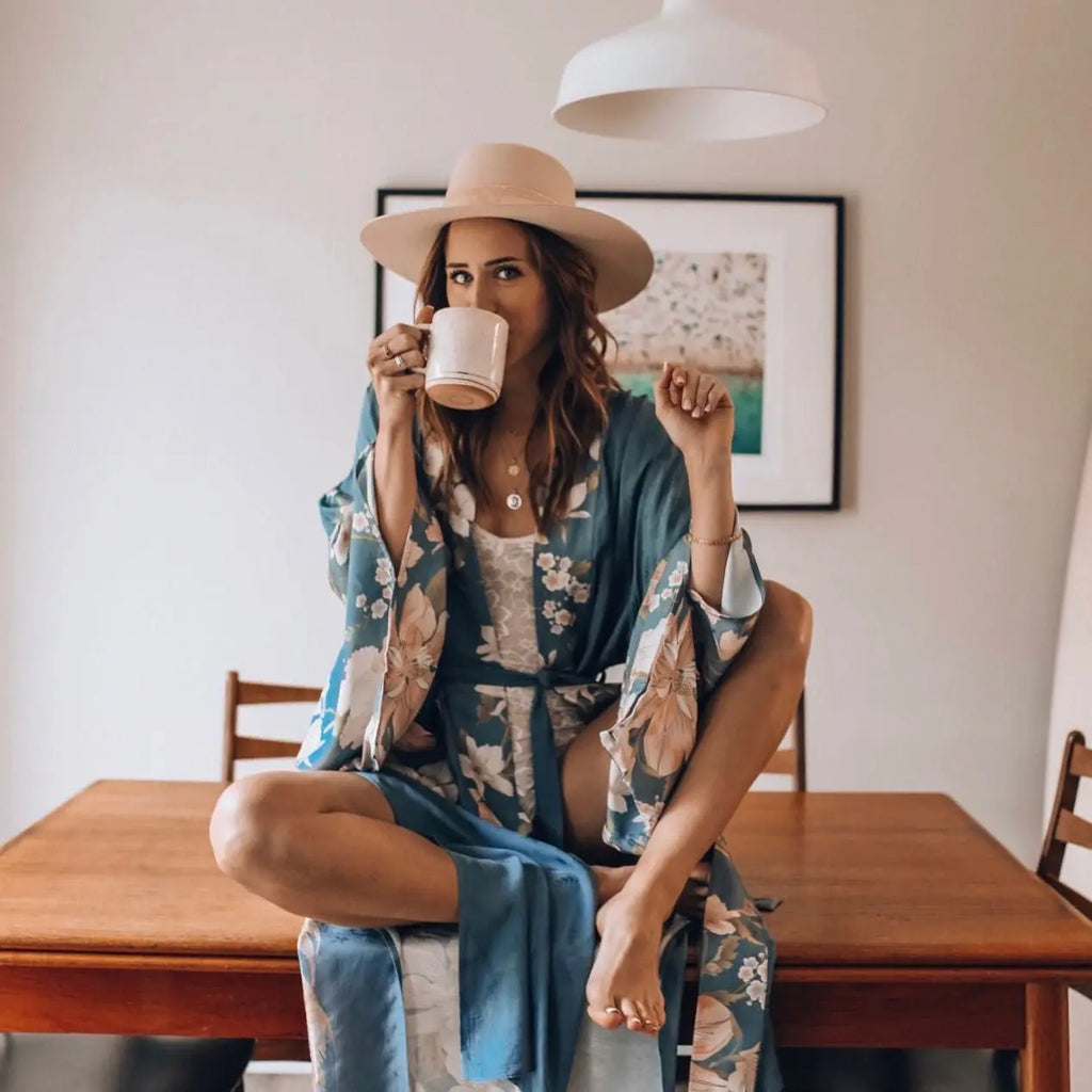 Teal Floral Maxi Kimono – Belted Boho Duster Robe Teal Floral Maxi Kimono – Belted Boho Duster Robe Kimono