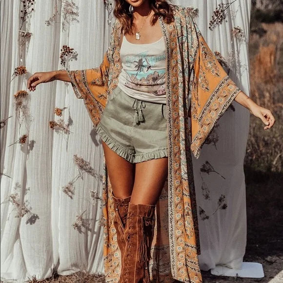 Boho Floral Maxi Kimono – Belted Duster Robe (Mustard Orange) Boho Floral Maxi Kimono – Belted Duster Robe (Mustard Orange) Kimono