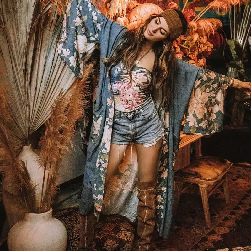 Teal Floral Maxi Kimono – Belted Boho Duster Robe Teal Teal Floral Maxi Kimono – Belted Boho Duster Robe Kimono
