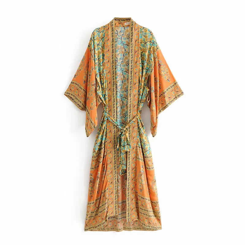 Boho Floral Maxi Kimono – Belted Duster Robe (Mustard Orange) Mustard Orange Boho Floral Maxi Kimono – Belted Duster Robe (Mustard Orange) Kimono