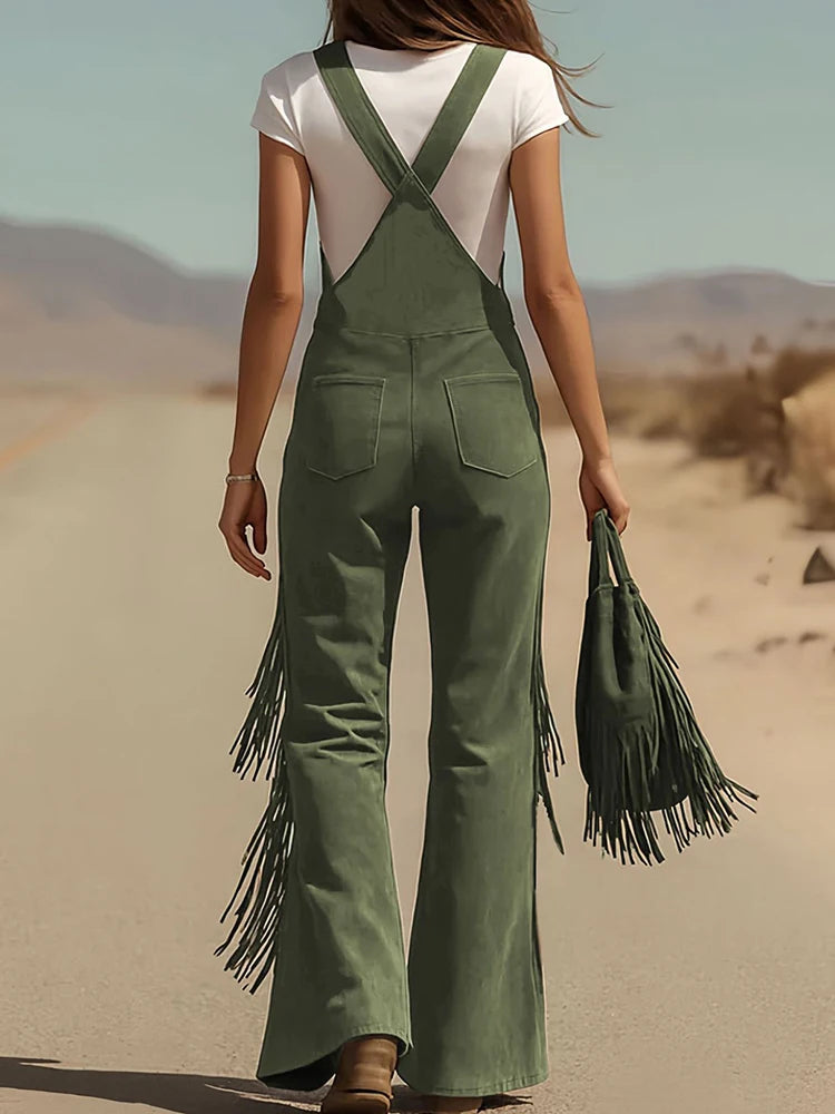 Gypsy Faux Suede Fringe Jumpsuit | Fringe Tassels & Buttons