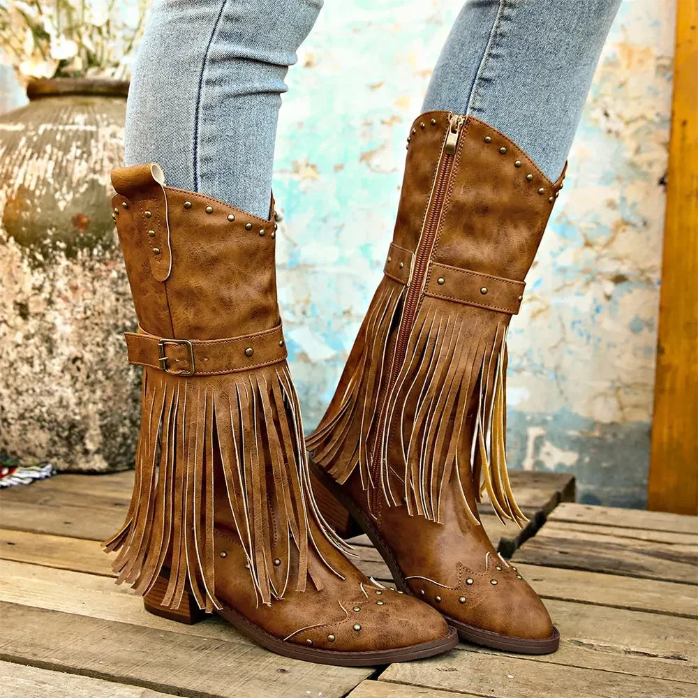 Fringe Ankle Boots – Boho Studded Booties (Toupe / Tan / Green / Black)