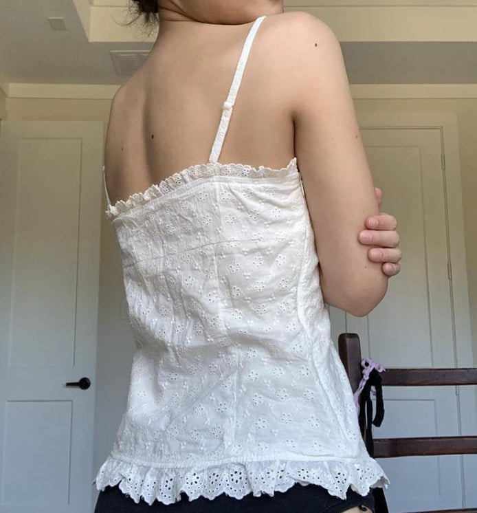 Dreamy Cream Broderie Anglaise Corset Cami with Ribbon Bow – Romantic Boho Top