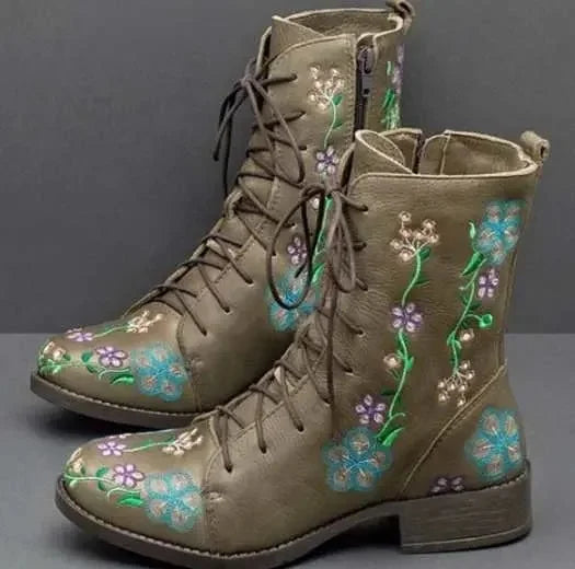 Floral Embroidered Combat Boots – Boho Lace-Up Leather (Brown / Tan / Red / Navy / Olive) Olive Floral Embroidered Combat Boots – Boho Lace-Up Leather (Brown / Tan / Red / Navy / Olive) Boots
