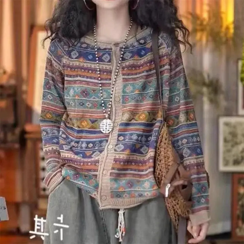 Bohemian Retro Round Neck Printed Knit Cardigan Loose Long Sleeve Sweater