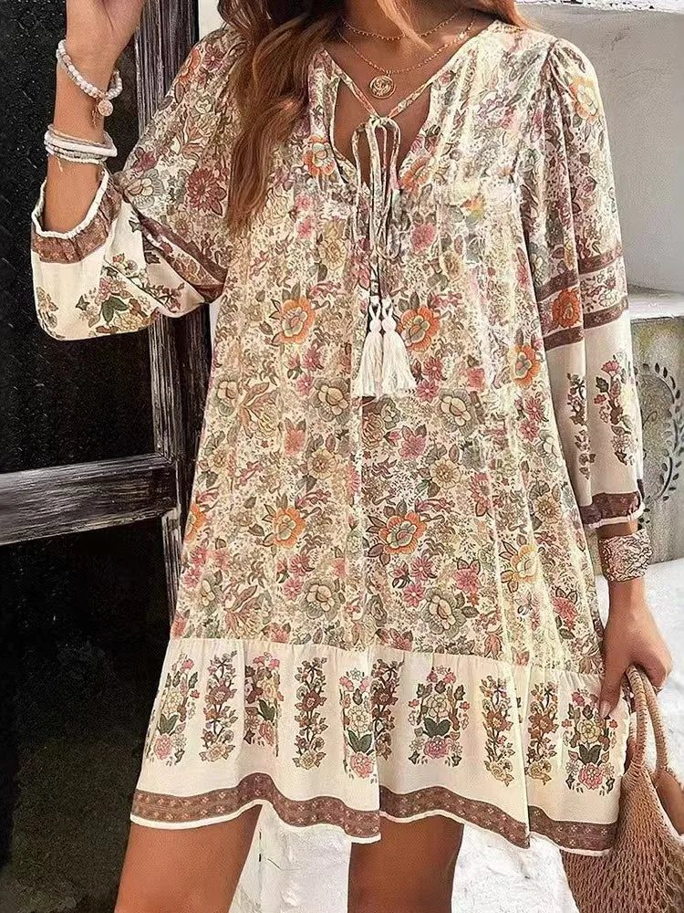 Romantic Floral Print Boho Mini Dress with Tassel Tie & Ruffle Hem – Gypsy Wanderlust Essential (Beige, Mint, Terracotta)