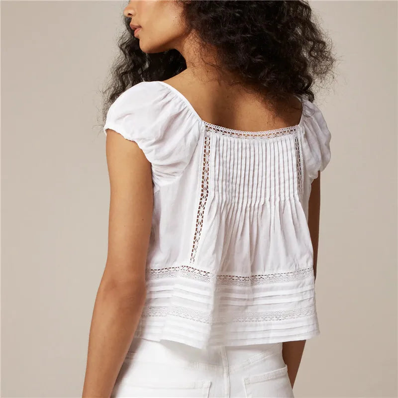 Gypsy Lace Puff Top - Sky Blue and Ivory/White Gypsy Lace Puff Top - Sky Blue and Ivory/White Blouse