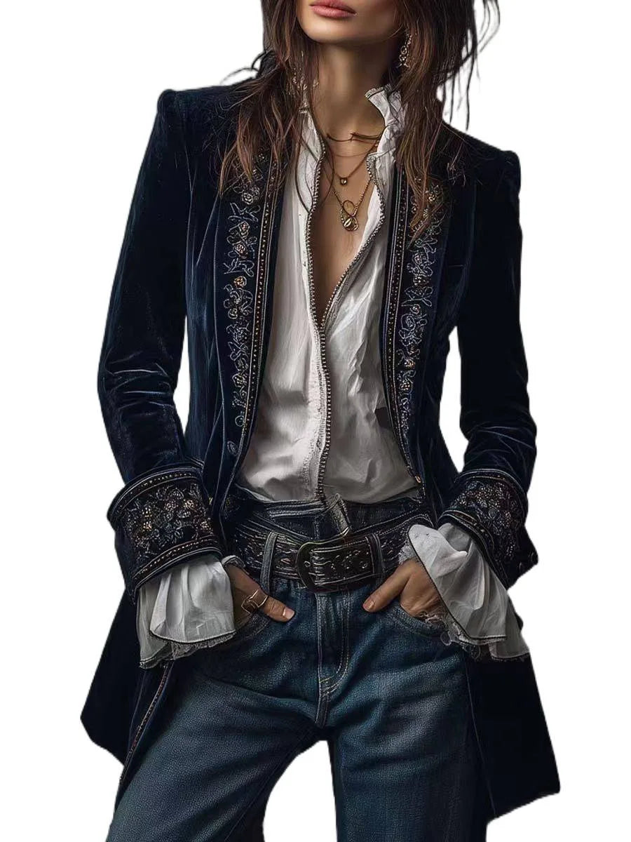 Midnight Velvet Embroidered Blazer – Stormy Blue (The Ultimate Gypsy Luxe Layer)