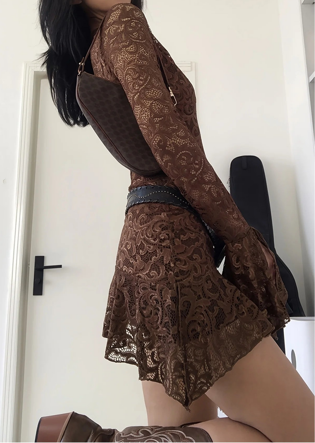 Mocha Lace Bell Sleeve Mini Dress – Boho Gothic Romance Mini