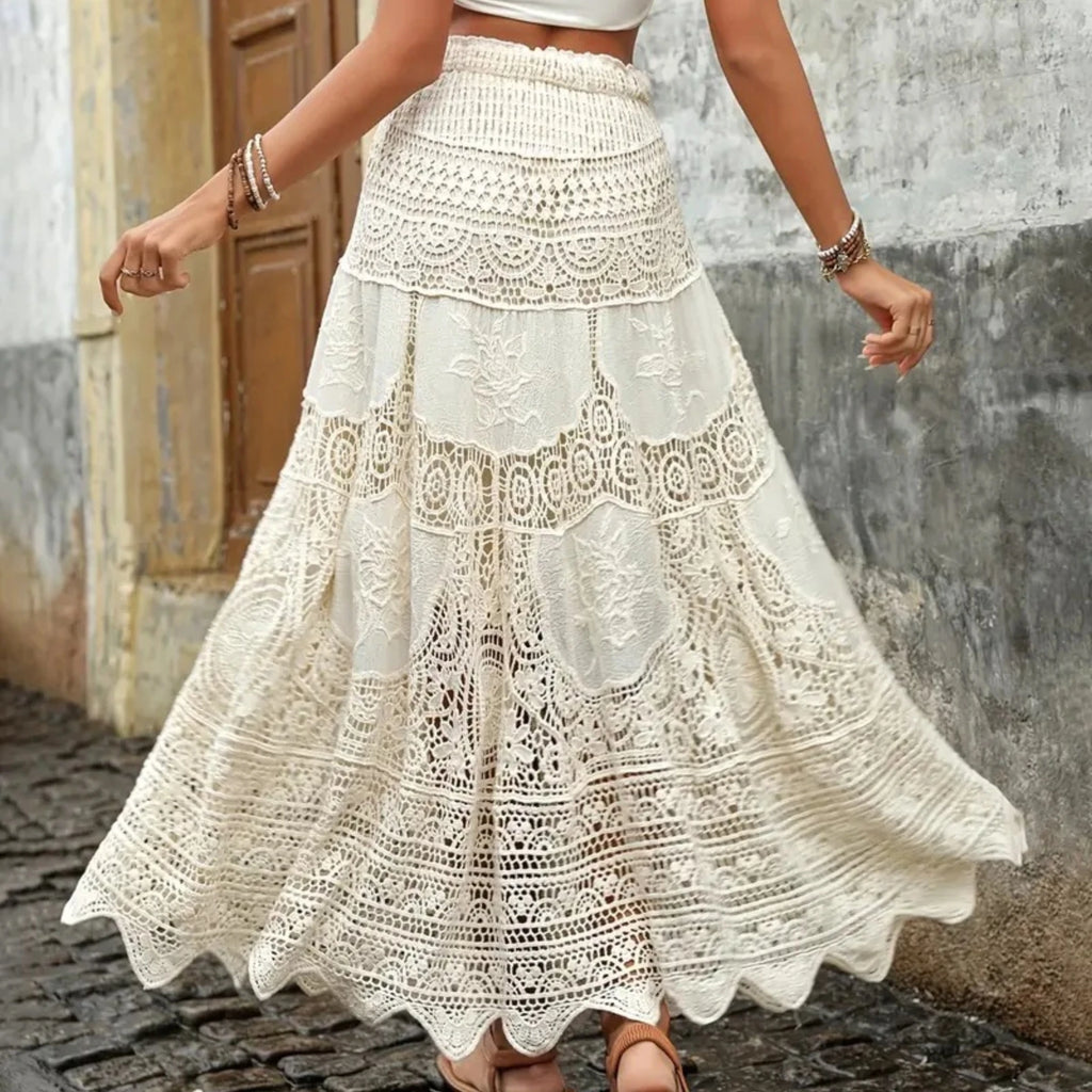 Creamy White Crochet Lace Tiered Maxi Skirt | Boho Festival Flow