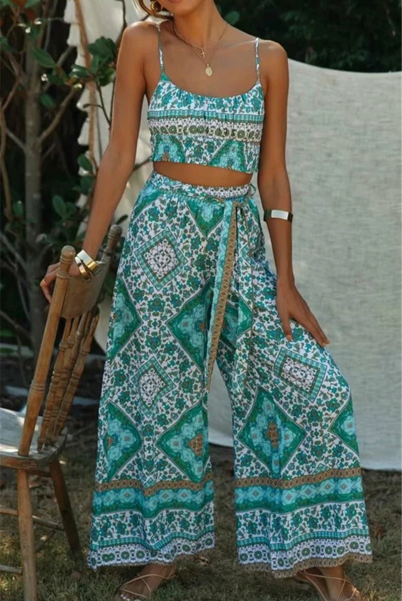 Turquoise Mosaic Boho Co-ord Set – Smocked Crop Top + Wide-Leg Palazzo Pants