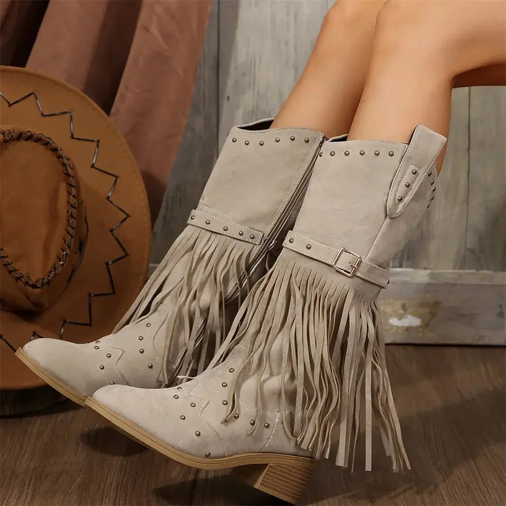 Fringe Ankle Boots – Boho Studded Booties (Toupe / Tan / Green / Black)