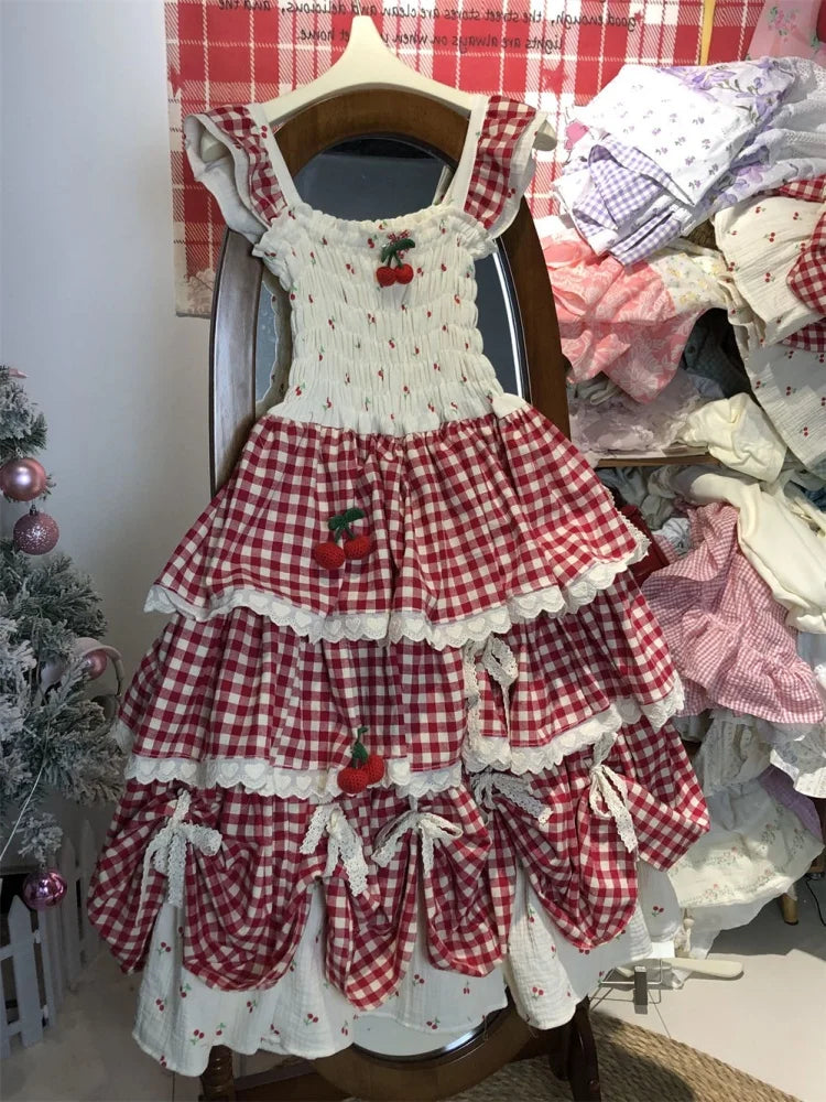 Cherry Sweetheart Gingham Milkmaid Dress – Vintage Boho Picnic Dream