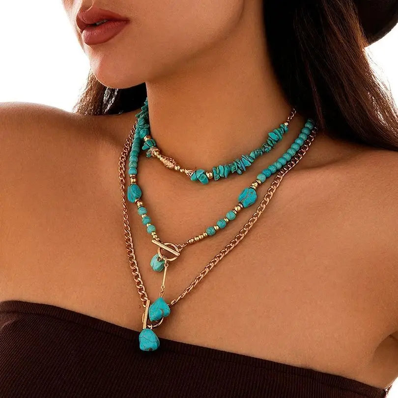Desert Queen Turquoise Layered Choker Set – 3-Piece Gold Necklace Stack Desert Queen Turquoise Layered Choker Set – 3-Piece Gold Necklace Stack Necklace