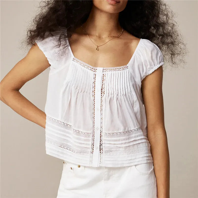 Gypsy Lace Puff Top - Sky Blue and Ivory/White