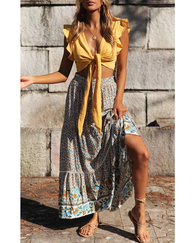 Smocked Floral Maxi Skirt – Boho Border Print Dream (Black / Navy / Red / Beige) Smocked Floral Maxi Skirt – Boho Border Print Dream (Black / Navy / Red / Beige) Skirt