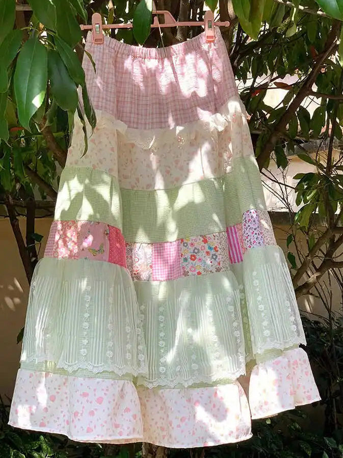 Strawberry Mint Patchwork Fairy Skirt – Cottagecore Boho Dream Tiered Maxi