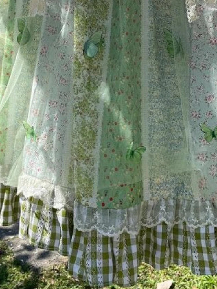 Enchanted Meadow Fairy Patchwork Skirt – Green Butterfly Boho Dream