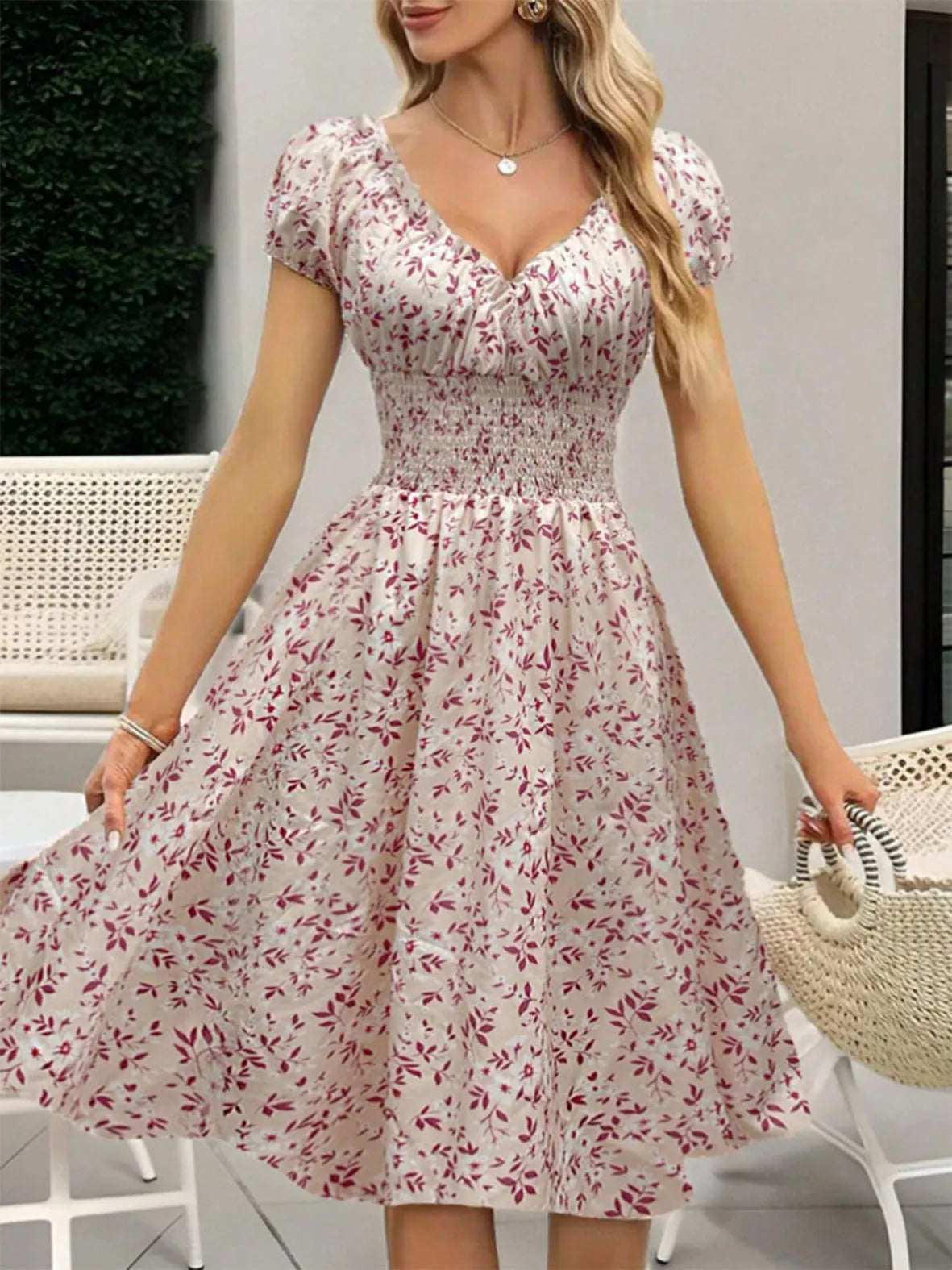 Ditsy Floral Puff Sleeve Smocked Midi Dress – Coquette Cottagecore Romance