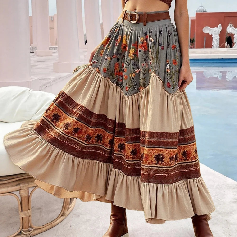 Meadow Wanderer Tiered Maxi Skirt – Vintage Floral Sage & Cinnamon