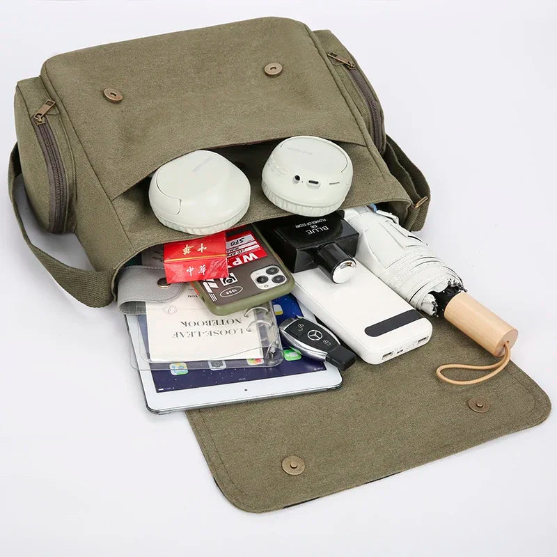 Olive Green Dragonfly Floral Canvas Messenger Bag – Boho Nature Crossbody Purse