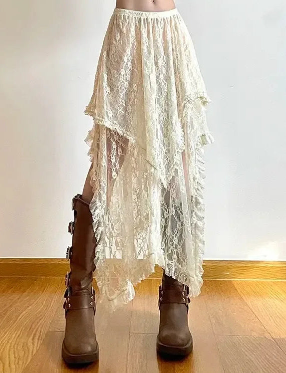 Ivory Lace Pixie High-Low Skirt – Gypsy Fairy Boho Y2K Dream