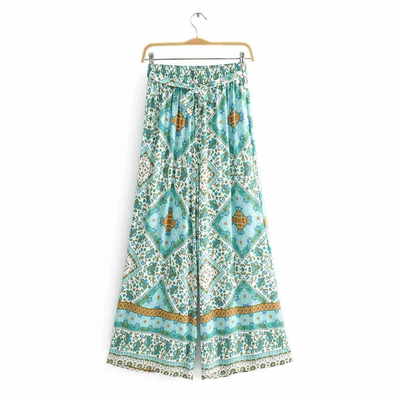 Turquoise Mosaic Boho Co-ord Set – Smocked Crop Top + Wide-Leg Palazzo Pants