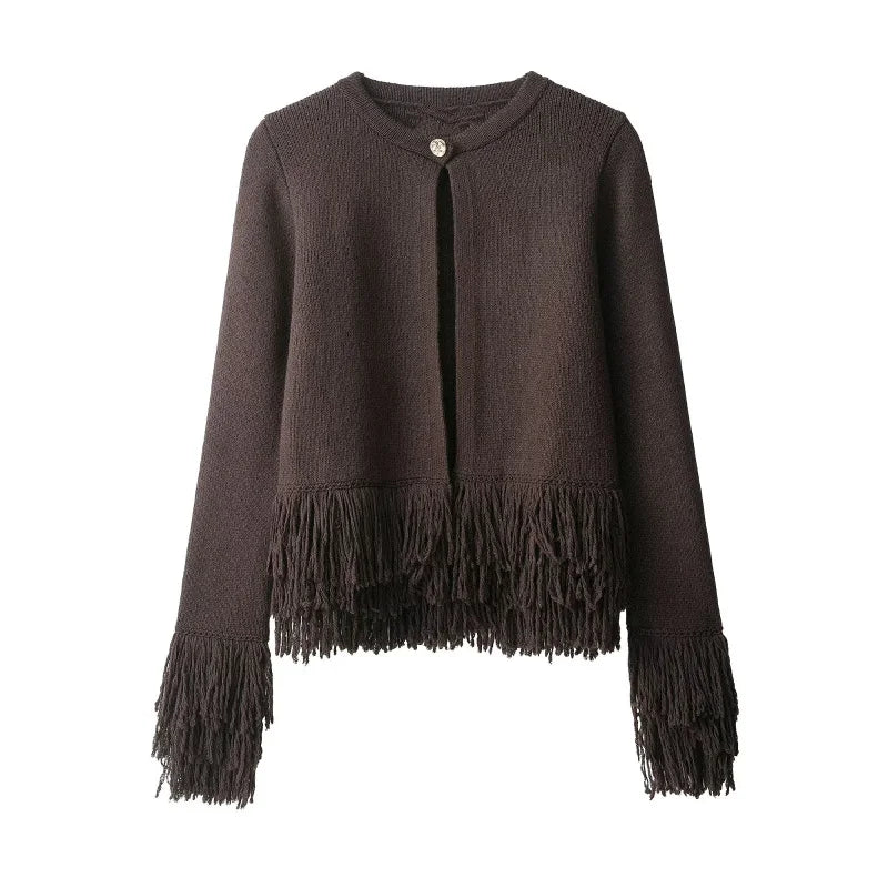 Fringed Cropped Cardigan – Boho Layering Essential (Burgundy / Black / Chocolate) Fringed Cropped Cardigan – Boho Layering Essential (Burgundy / Black / Chocolate)