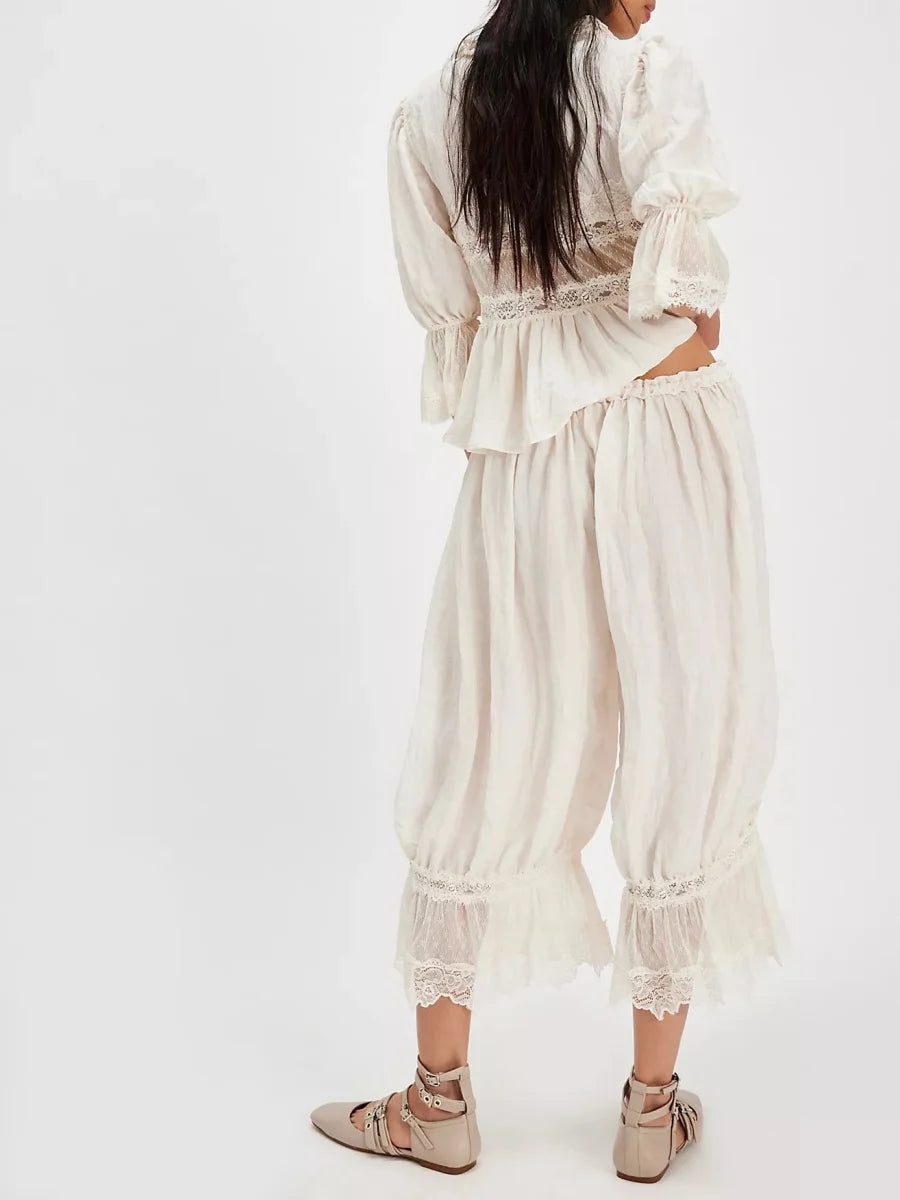 Vintage Lace Bloomer Pants Sets Romantic Lace Boho Co-ord Set – Puff Sleeve Blouse + Wide-Leg Pants (Mocha / Peach / Sage/ Ivory)
