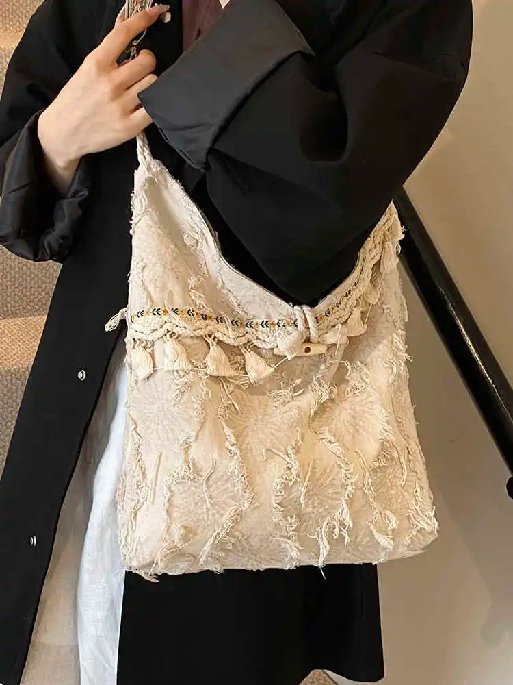 Distressed Fringe Canvas Bag – Boho Embroidered Strap Tote Distressed Fringe Canvas Bag – Boho Embroidered Strap Tote Bags