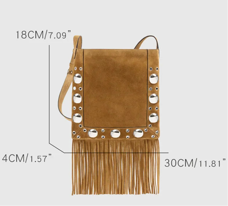 Fringed Vegan Suede Cross-Body Bag – Studded Boho Premium (Tan) Fringed Vegan Suede Cross-Body Bag – Studded Boho Premium (Tan) Bags