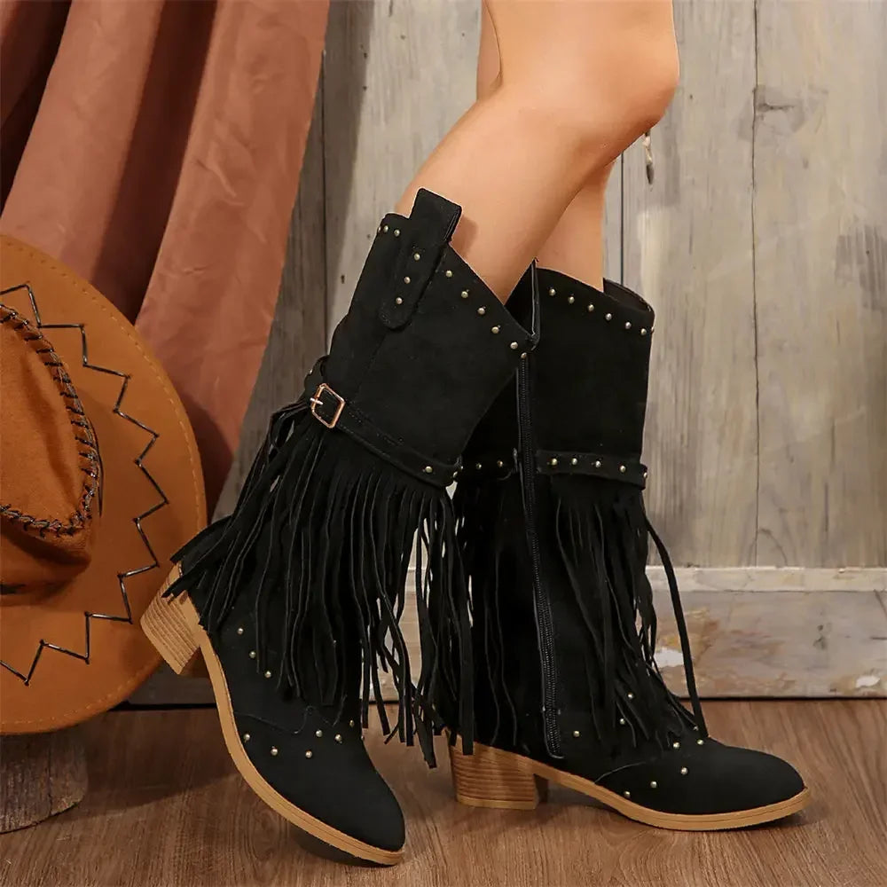Fringe Ankle Boots – Boho Studded Booties (Toupe / Tan / Green / Black)