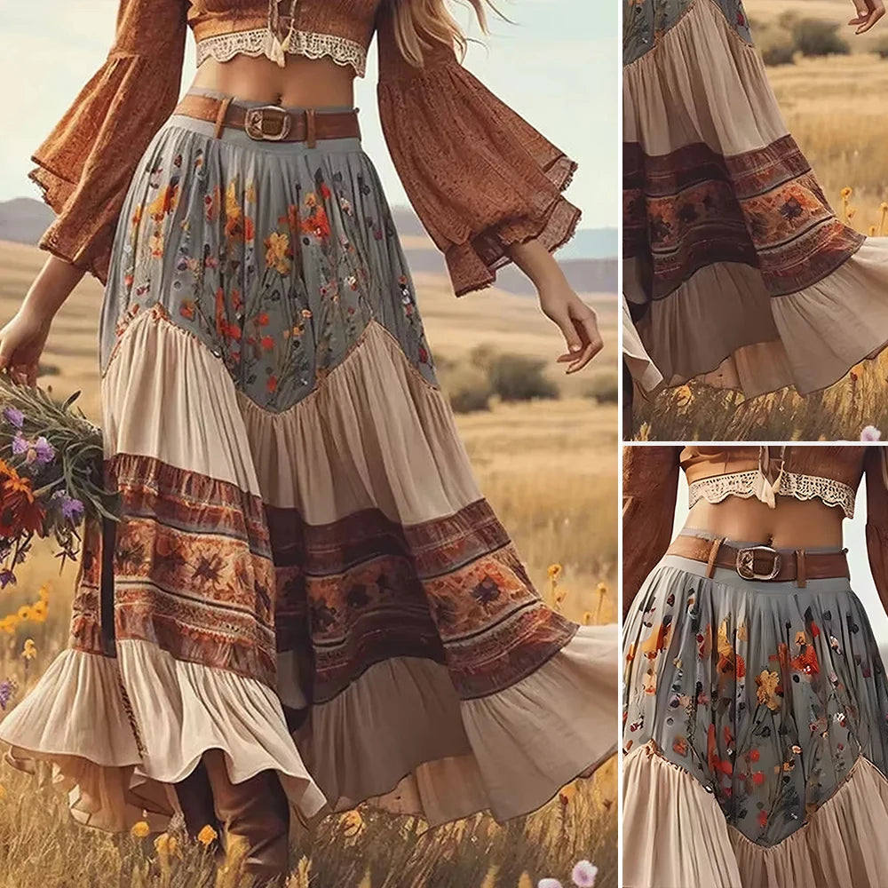 Meadow Wanderer Tiered Maxi Skirt – Vintage Floral Sage & Cinnamon