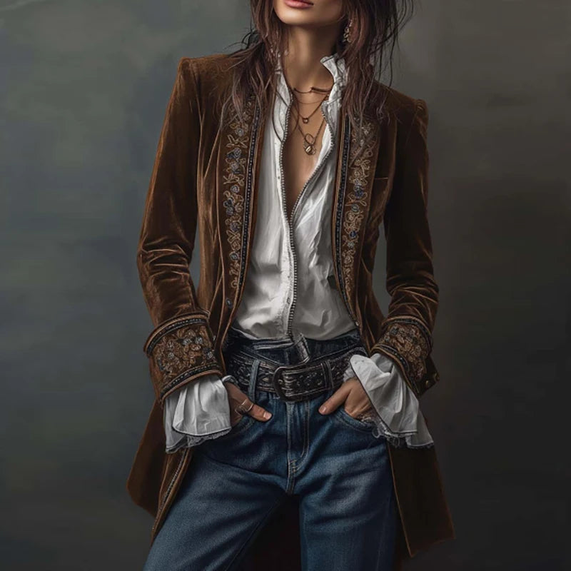 Vintage Ethnic Floral Print Velvet Women's Coat Fall Chic Stand Collar Slim Jacket Cardigan Winter Long Sleeve Female Outerwears