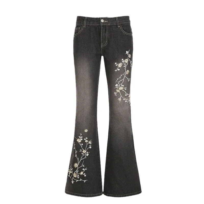 Blossom Embroidered Flare Jeans – Midnight Black (Y2K Gypsy Queen)