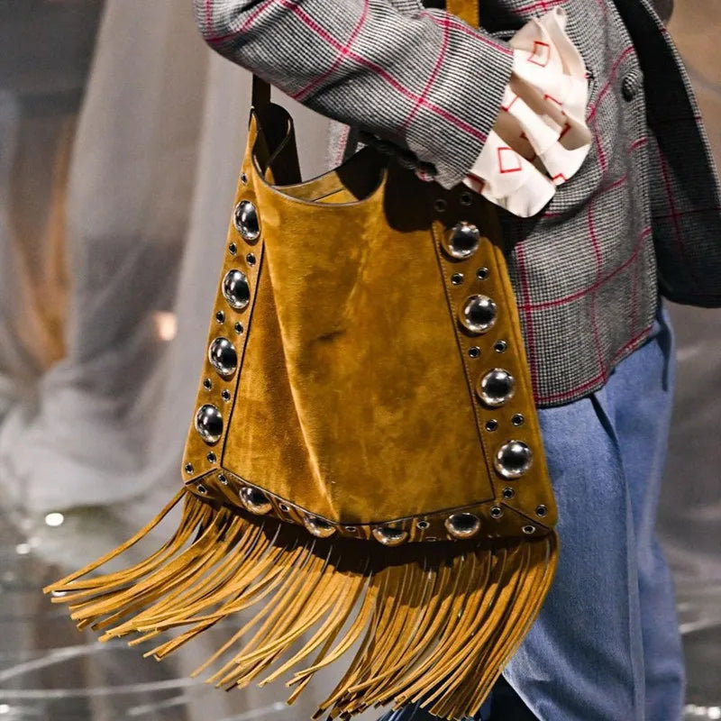 Fringed Vegan Suede Cross-Body Bag – Studded Boho Premium (Tan) light brown Fringed Vegan Suede Cross-Body Bag – Studded Boho Premium (Tan) Bags