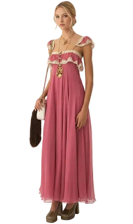 Romantic Lace Trim Chiffon Maxi Dress