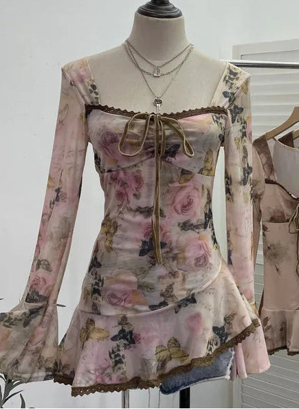 Pastel Floral Mesh Bow Peplum Top – Fairy Coquette Long Sleeve Dream
