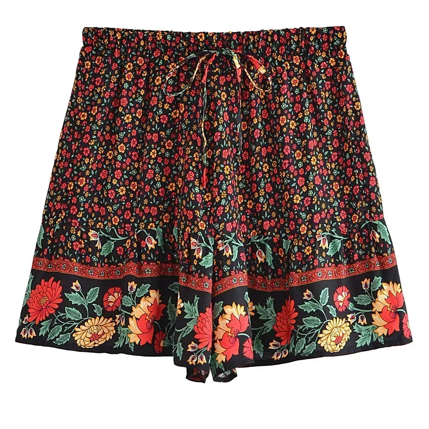 Floral Boho Shorts – Flowy Summer Gypsy Print (Black / Red / Cream) Black Floral Boho Shorts – Flowy Summer Gypsy Print (Black / Red / Cream) Shorts