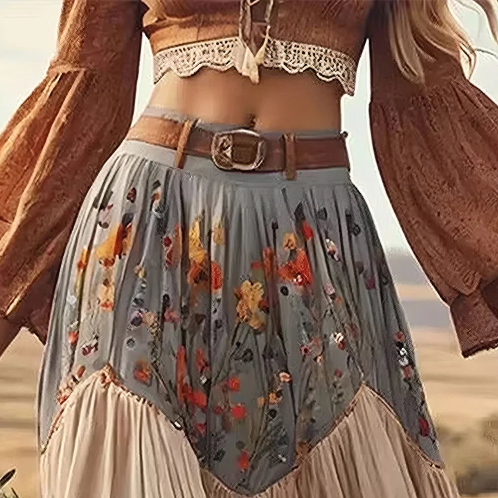 Meadow Wanderer Tiered Maxi Skirt – Vintage Floral Sage & Cinnamon