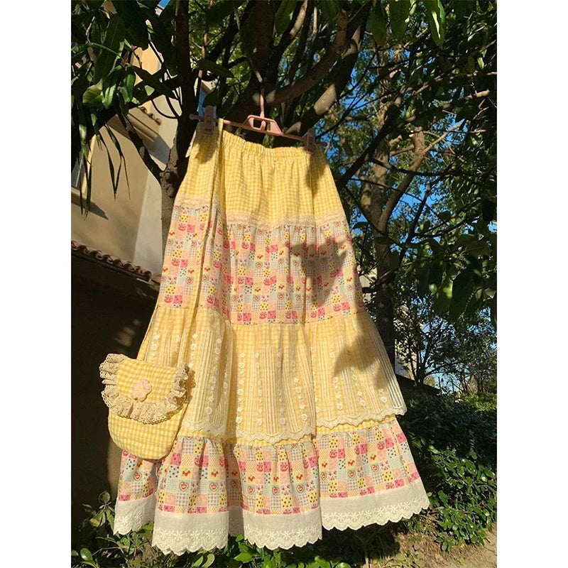 Honey Picnic Milkmaid Maxi Skirt – Gingham & Strawberry Patchwork Boho Dream