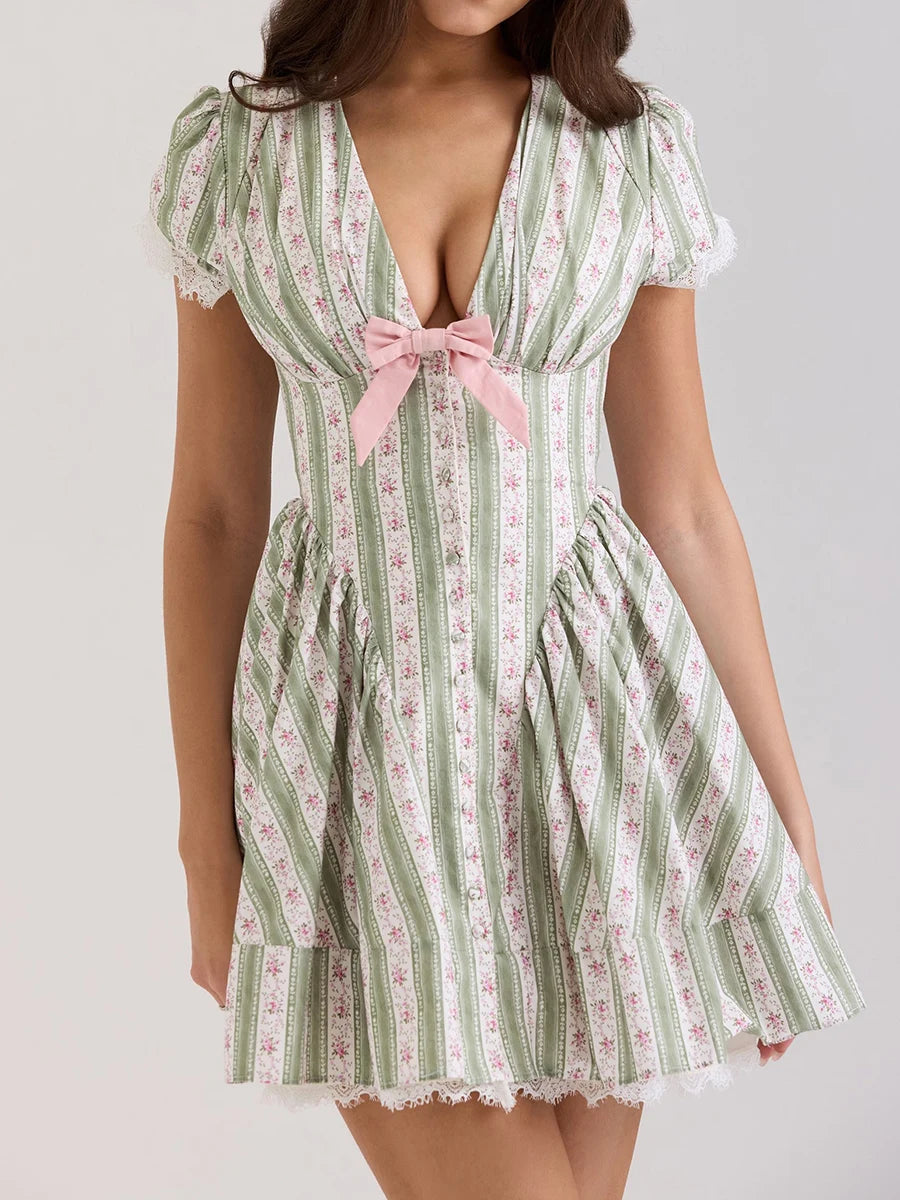 Sage Floral Stripe Bow Mini Dress – French Coquette Cottagecore