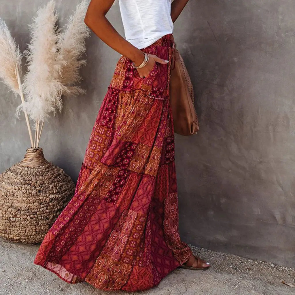 Sun-Kissed Gypsy Patchwork Maxi Skirt - Spice Route Red