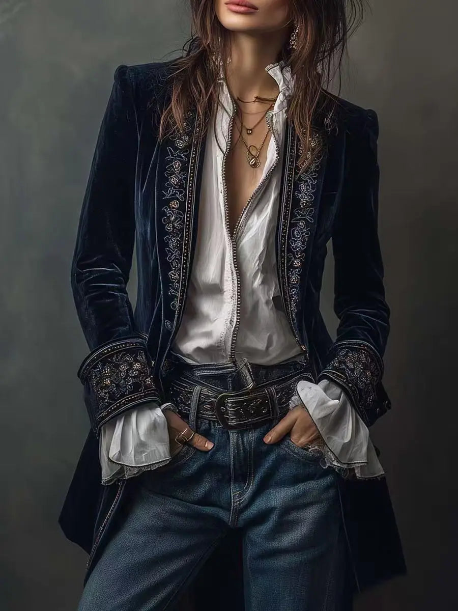 Midnight Velvet Embroidered Blazer – Stormy Blue (The Ultimate Gypsy Luxe Layer)