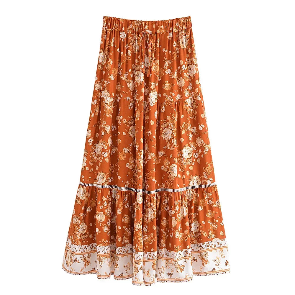 Boho Floral Kimono Set – Lace-Trimmed Crop Top + Tiered Maxi Skirt (Terracotta / Cobalt Blue)