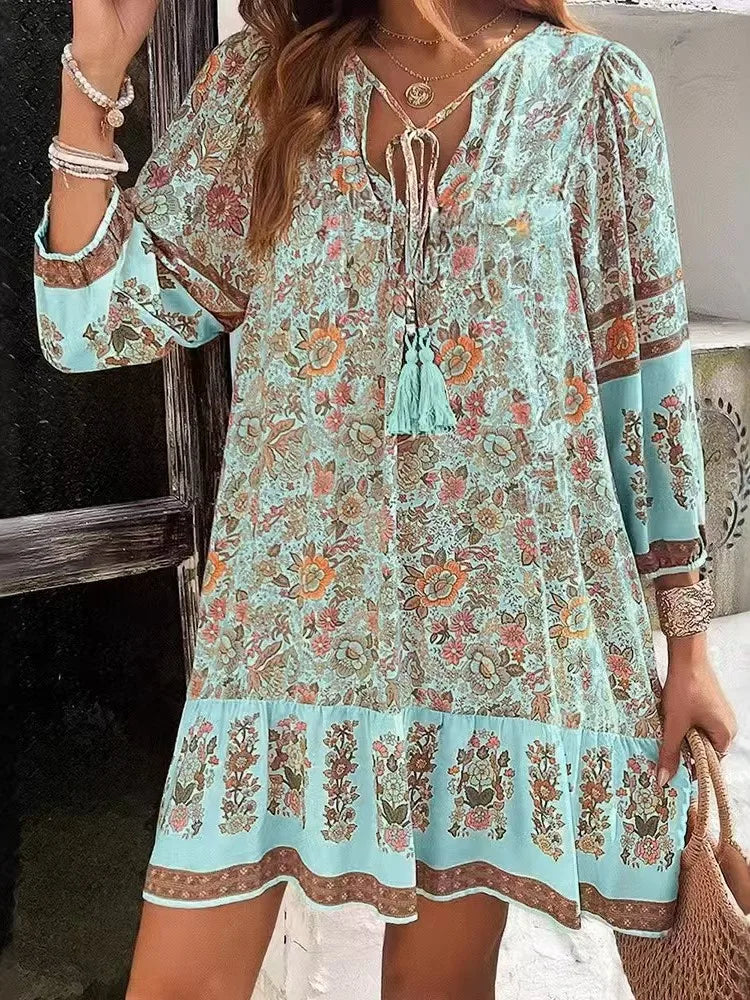 Romantic Floral Print Boho Mini Dress with Tassel Tie & Ruffle Hem – Gypsy Wanderlust Essential (Beige, Mint, Terracotta)