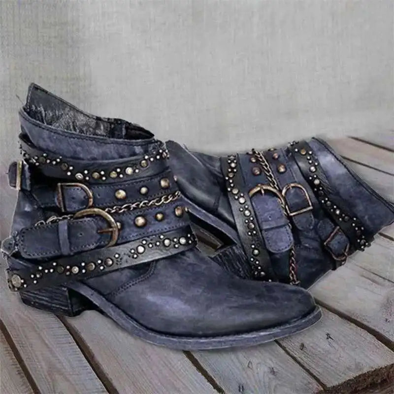 Distressed Studded Strap Boots – Boho Rockstar Ankle Boots (Black / Navy / Olive / Brown) Distressed Studded Strap Boots – Boho Rockstar Ankle Boots (Black / Navy / Olive / Brown) Boots