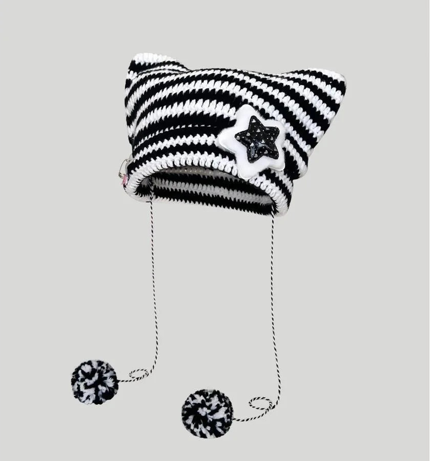 Cat-Ear Striped Beanie with Pom-Poms – 6 Grunge-Fairy Colours (The Cutest Winter Hat You’ll Ever Own) Black White + Star One Size Cat-Ear Striped Beanie with Pom-Poms – 6 Grunge-Fairy Colours (The Cutest Winter Hat You’ll Ever Own) Hats