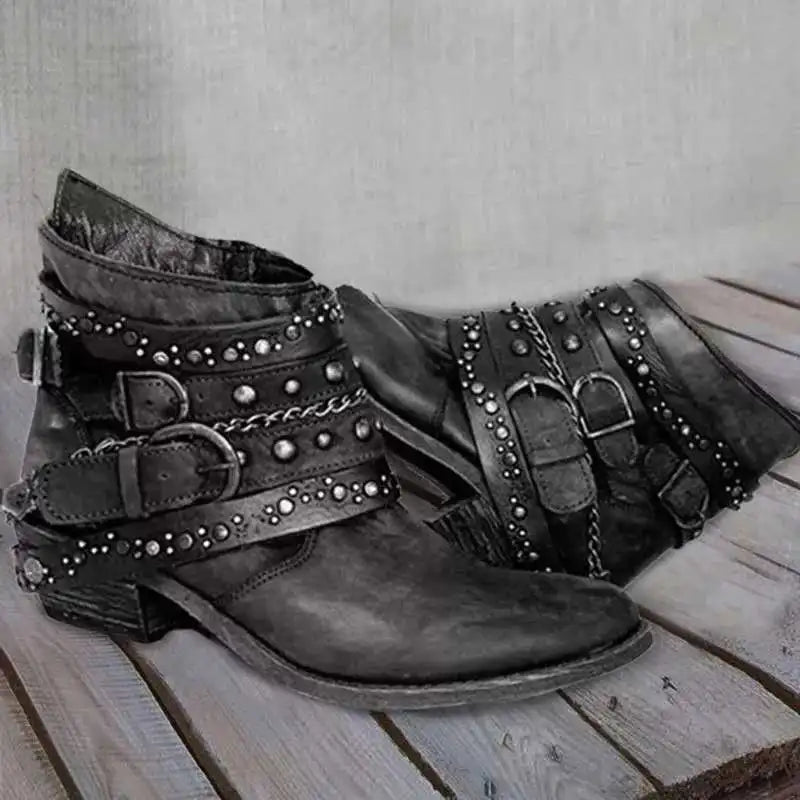 Distressed Studded Strap Boots – Boho Rockstar Ankle Boots (Black / Navy / Olive / Brown) Distressed Studded Strap Boots – Boho Rockstar Ankle Boots (Black / Navy / Olive / Brown) Boots