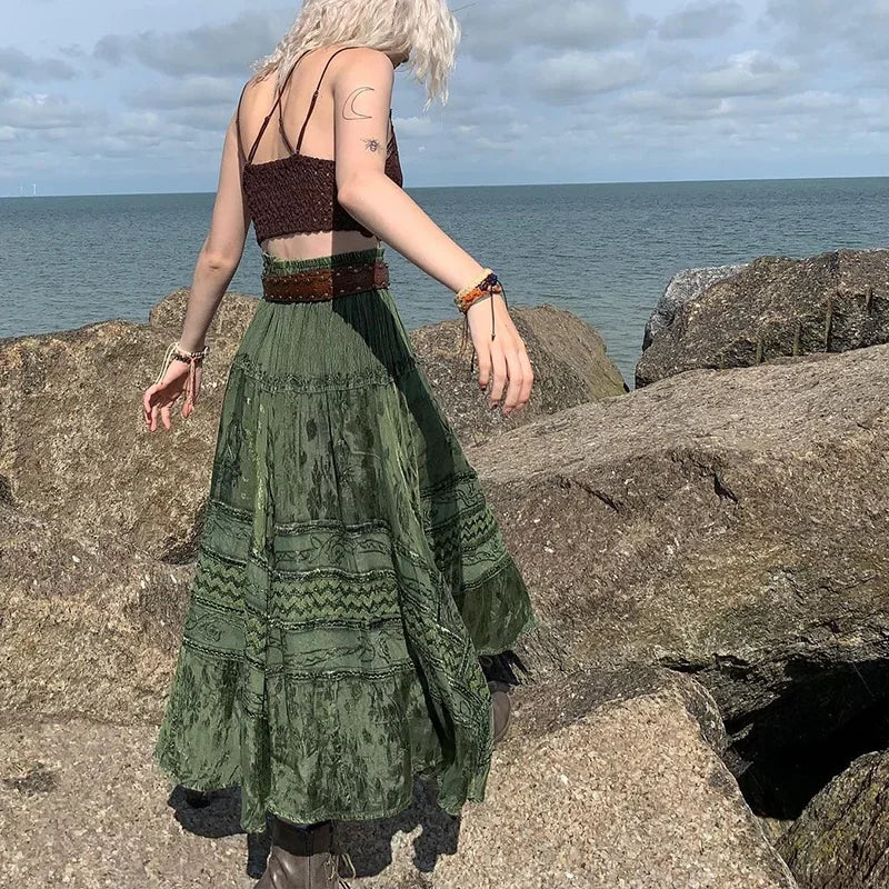 Enchanted Forest Gypsy Goddess Skirt – Olive Green Boho Dream